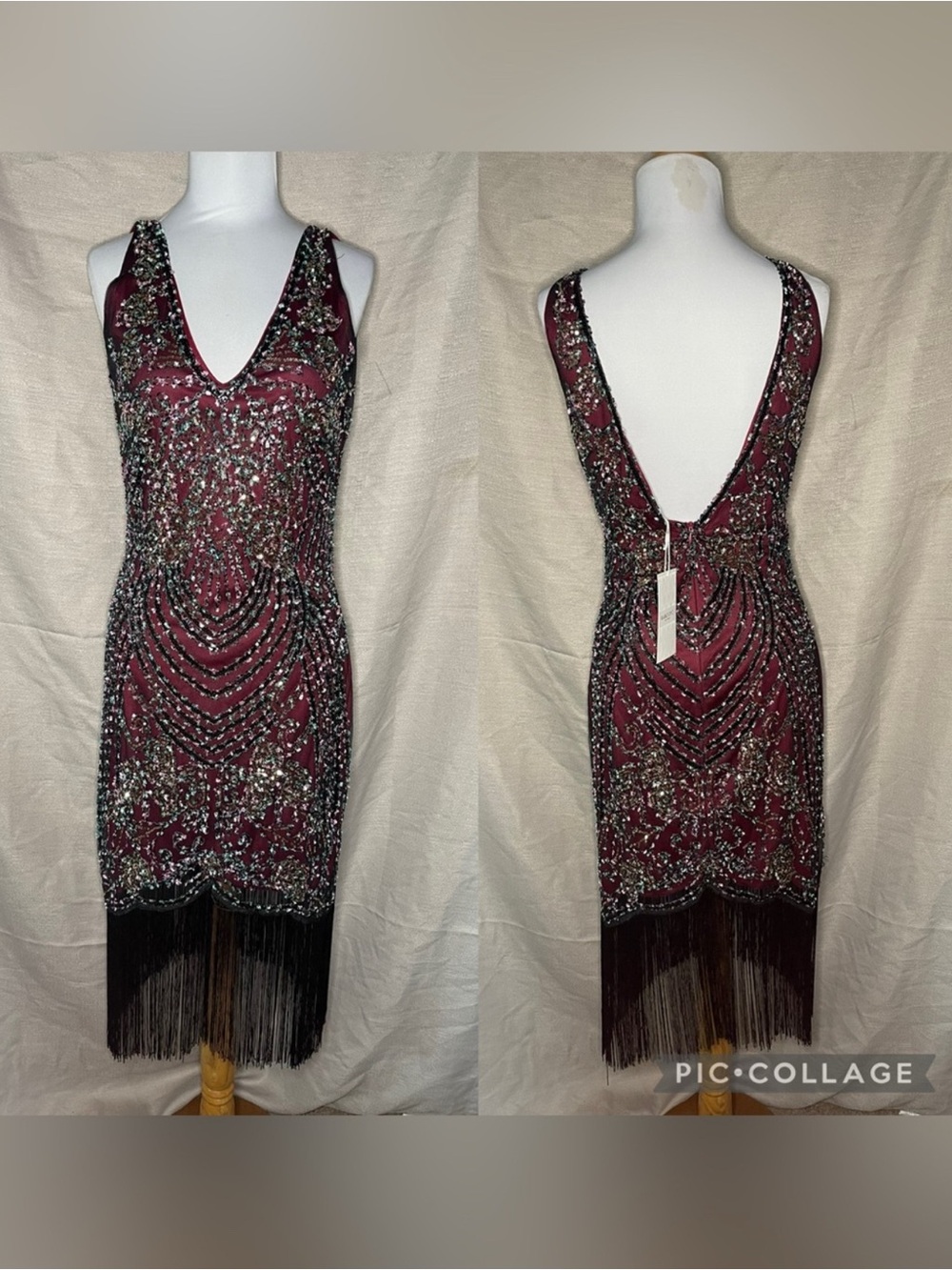 Babeyond Beaded Burgundy Flapper Dress with Fringe BNWT
